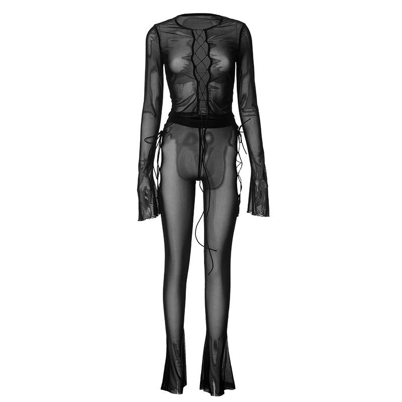 acelimosf™-Long flared sleeve lace up sheer mesh pant set