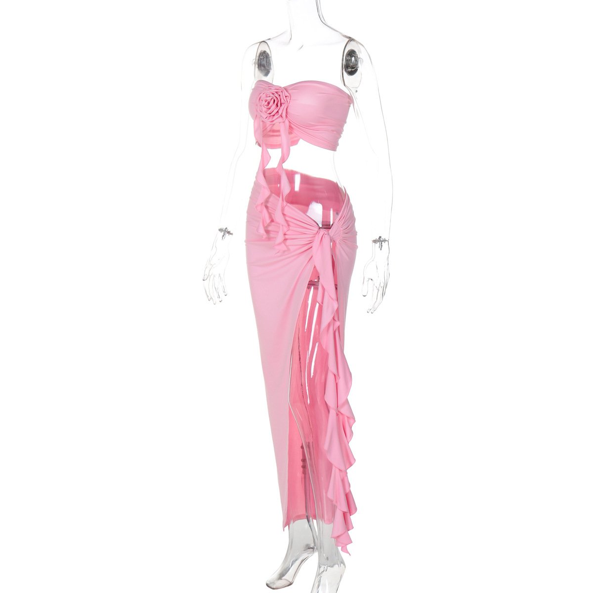 acelimosf™-Flower applique ruffle high slit ruched tube skirt set