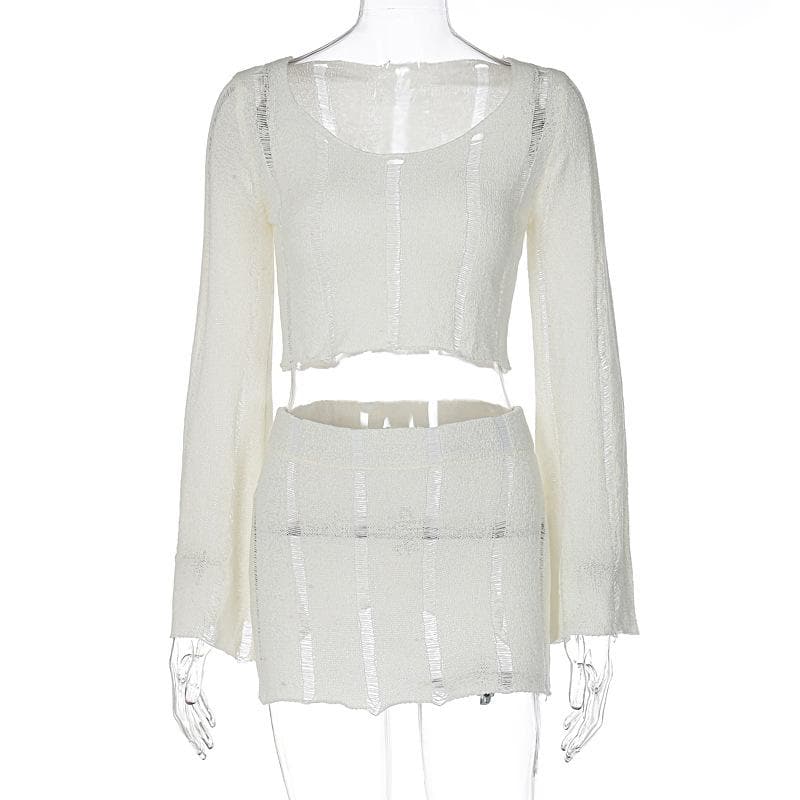 acelimosf™-Knitted hollow out solid flared sleeve low cut mini skirt set