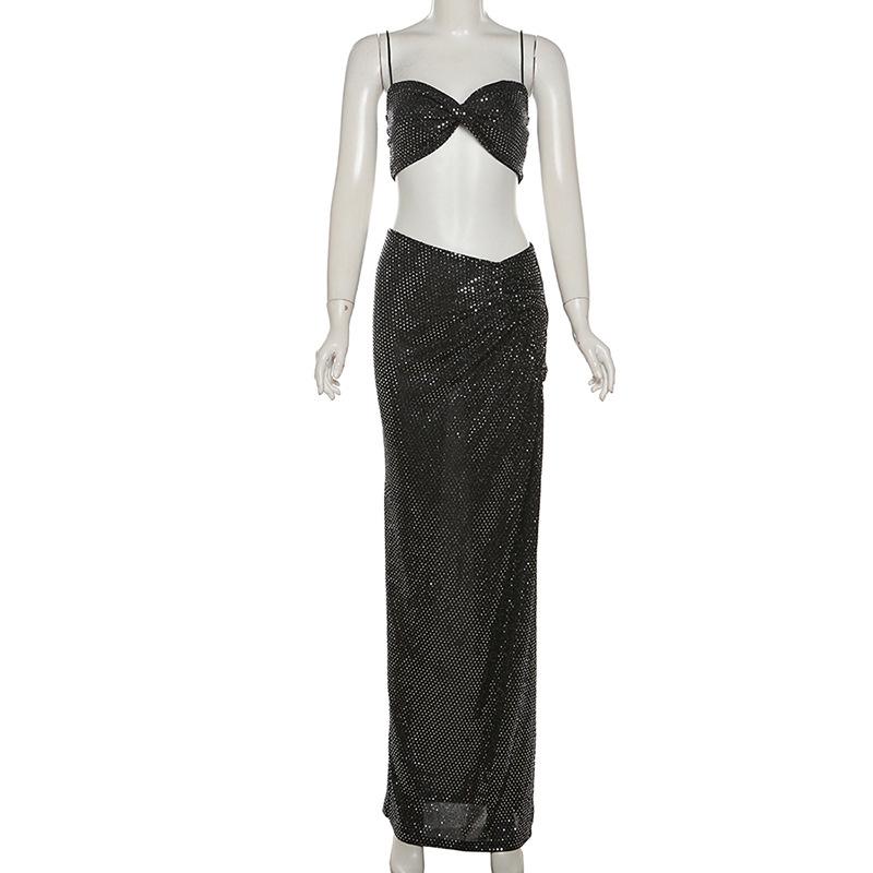 acelimosf™-Glitter ruched slit cami maxi skirt set