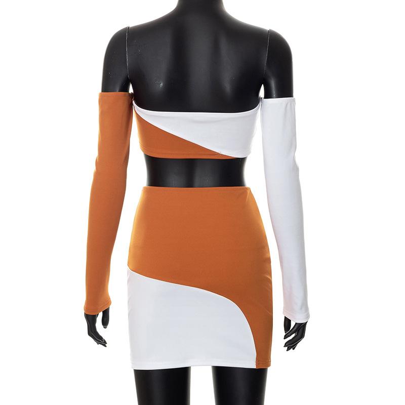 acelimosf™-Contrast patchwork off shoulder long sleeve backless mini skirt set