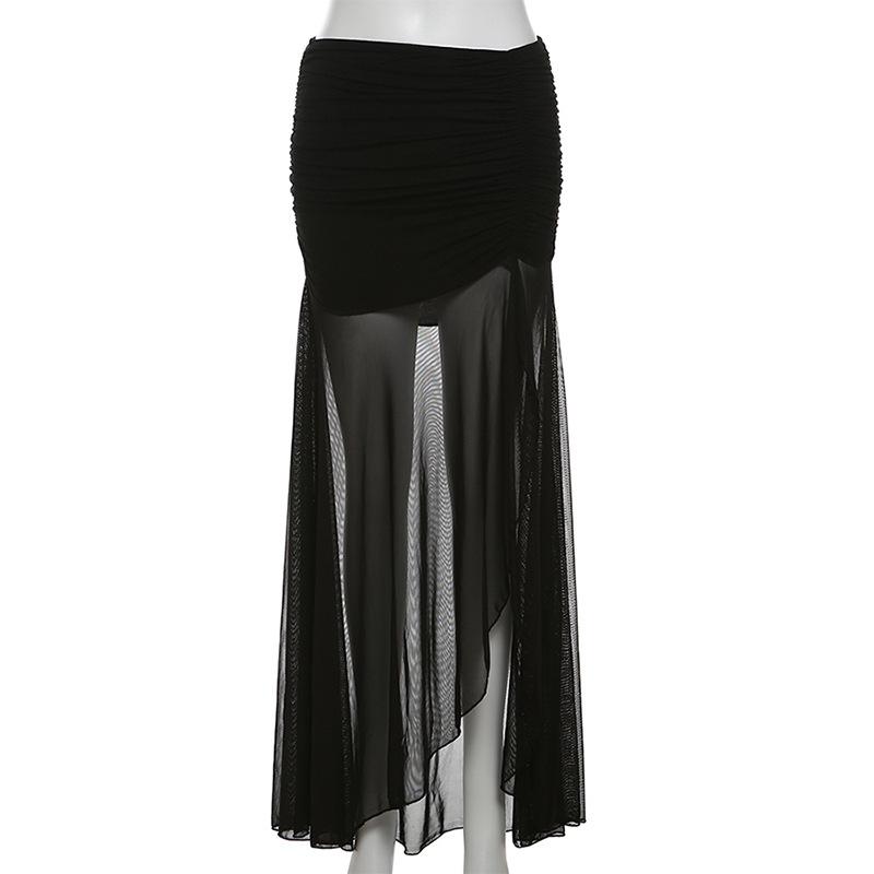 acelimosf™-Mesh ruffle ruched slit solid maxi skirt