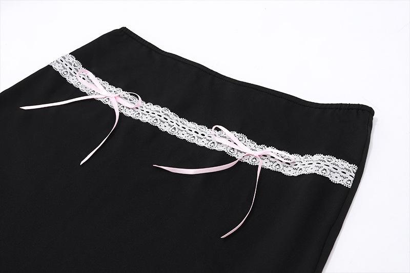 acelimosf™-Bowknot lace hem ribbon A line contrast mini skirt