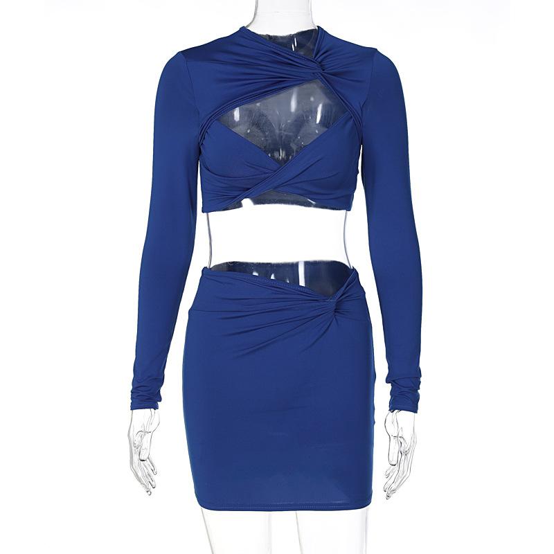 acelimosf™-Knotted hollow out solid ruched long sleeve mini skirt set