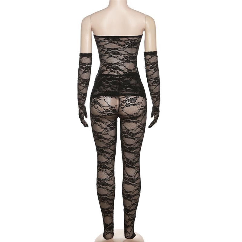 acelimosf™-Lace see through gloves solid backless tube pant set