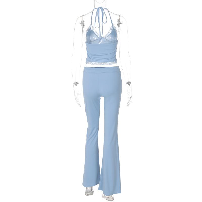 acelimosf™-Halter v neck drawstring ruched lace hem pant set