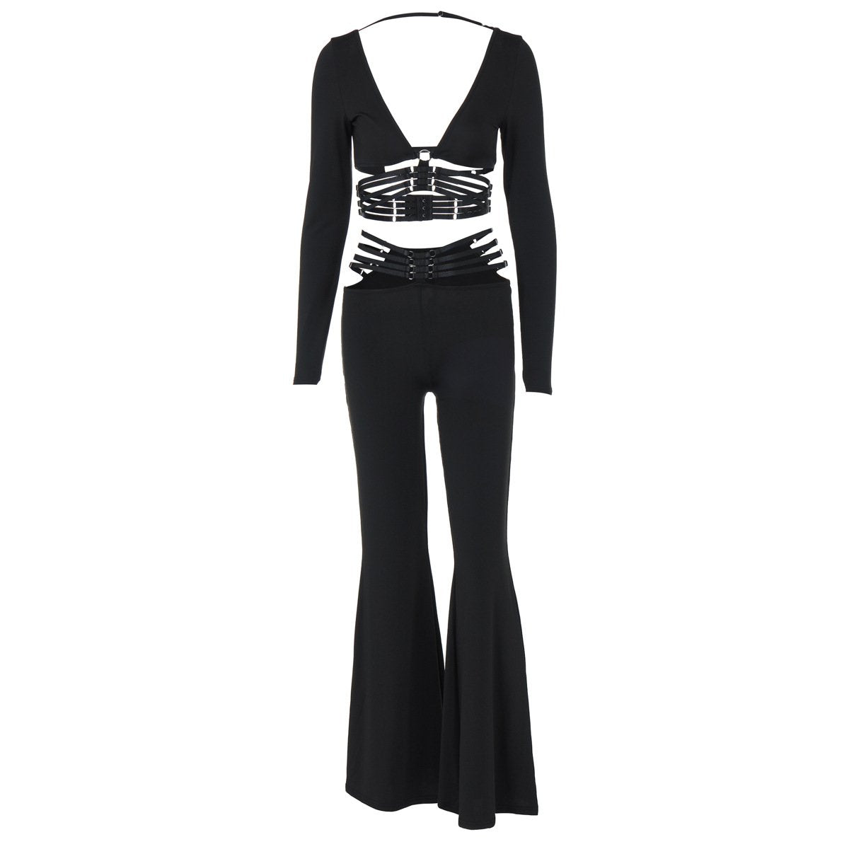 acelimosf™-Long sleeve o ring button wide leg low rise pant set