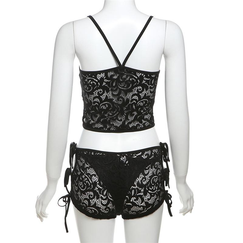 acelimosf™-Bowknot lace hollow out see through cami pant set