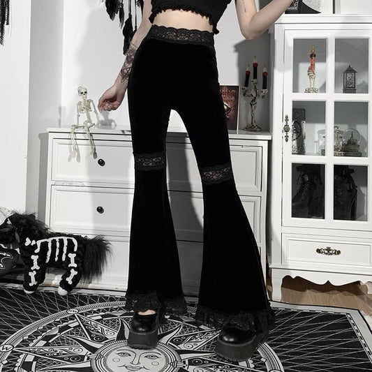 acelimosf™-Lace hem velvet solid flared pant y2k 90s Revival Techno Fashion