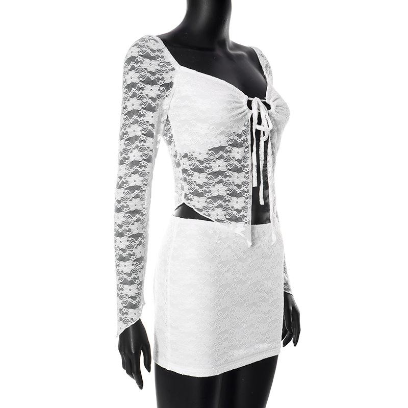 acelimosf™-Self tie long sleeve lace v neck mini skirt set