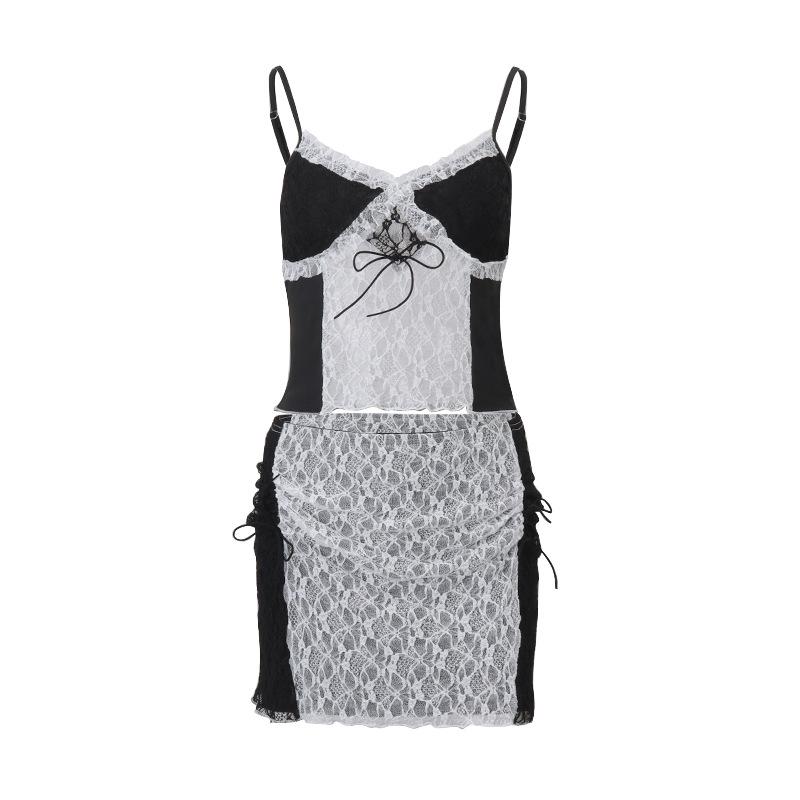 acelimosf™-Lace drawstring ruched see through cami mini skirt set