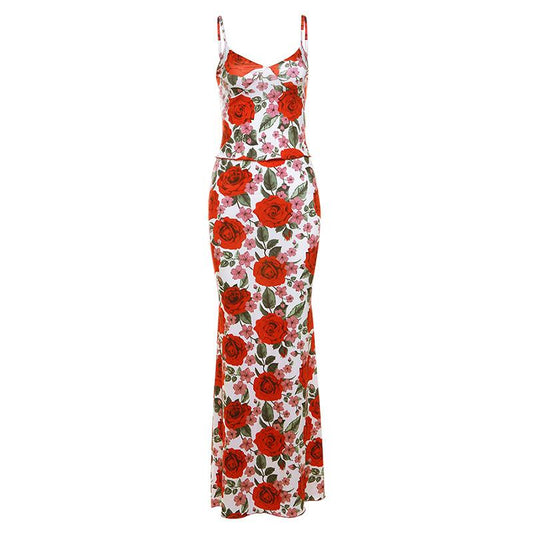 acelimosf™-V neck flower print cami maxi skirt set