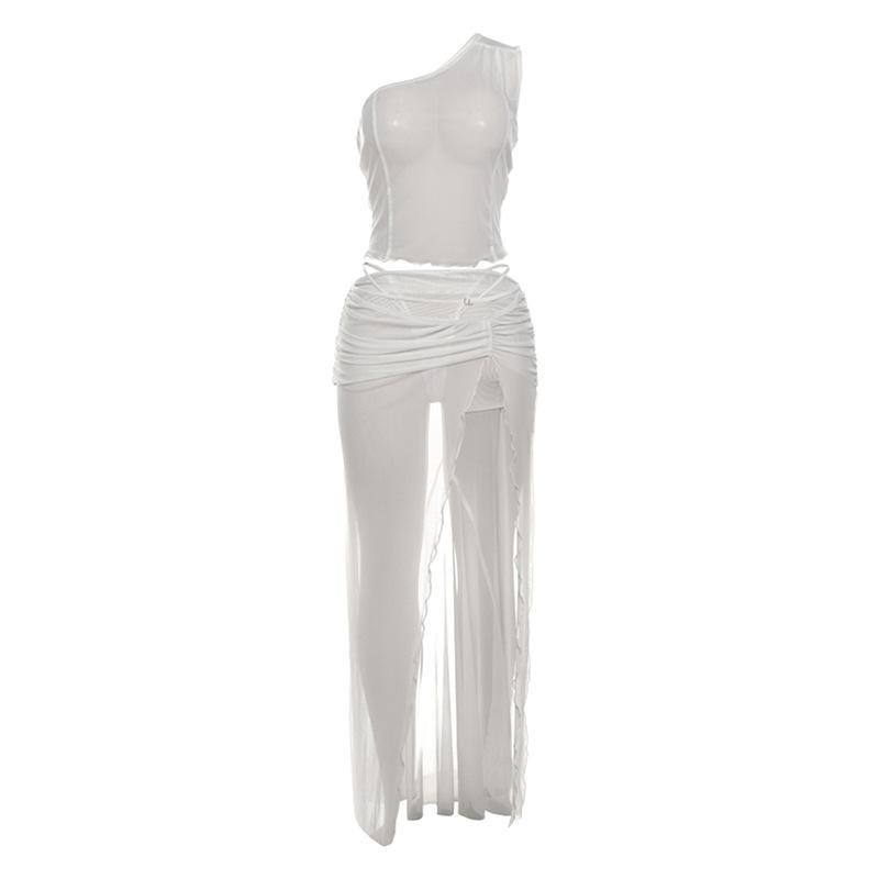 acelimosf™-One shoulder high slit ruffle sheer mesh maxi skirt set