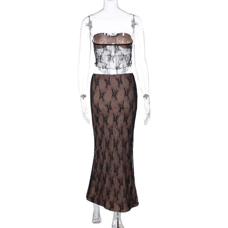 acelimosf™-Lace contrast self tie backless tube maxi skirt set