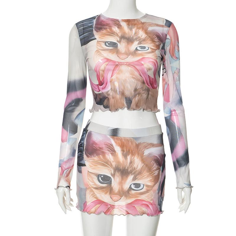 acelimosf™-Long sleeve sheer mesh cat print mini skirt set