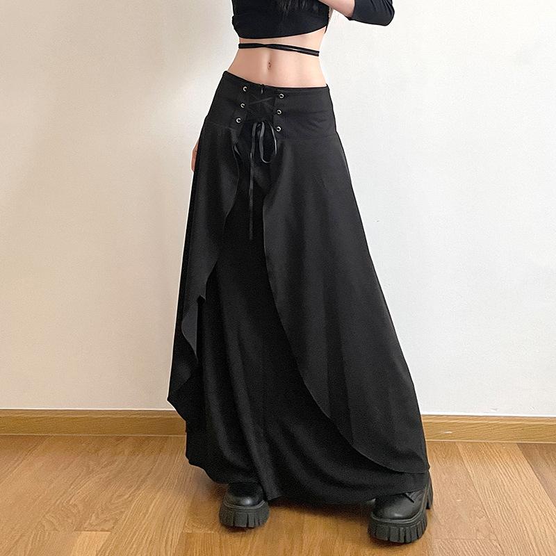 acelimosf™-Solid lace up patchwork zip-up low rise maxi skirt y2k 90s Revival Techno Fashion