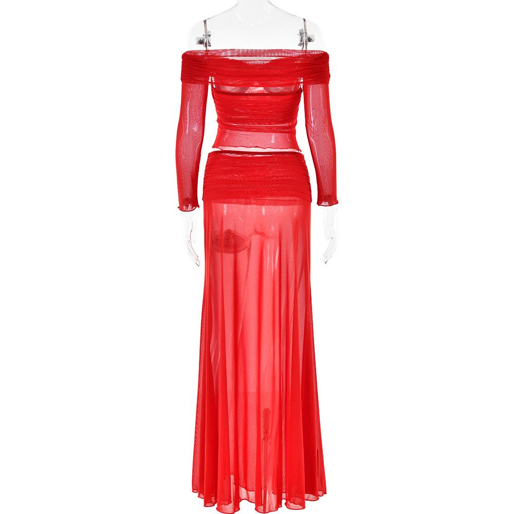 acelimosf™-Long sleeve off shoulder sheer mesh maxi skirt set