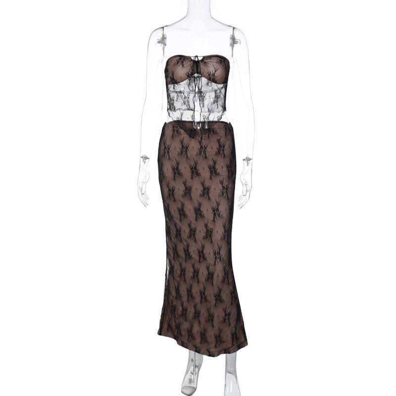 acelimosf™-Lace contrast self tie backless tube maxi skirt set