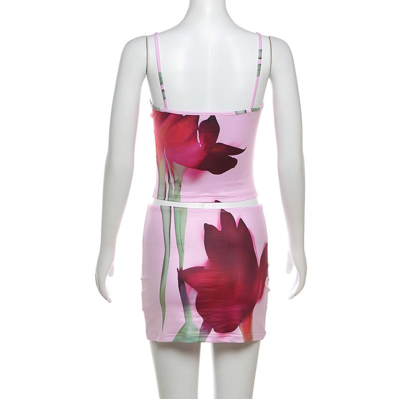 acelimosf™-U neck flower print cami mini skirt set