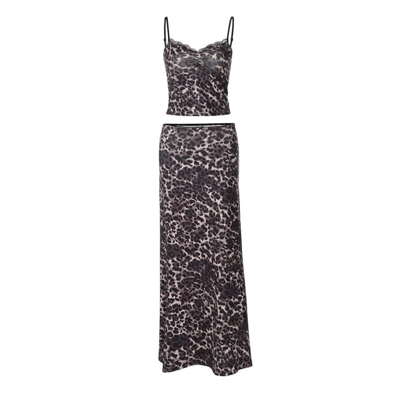 acelimosf™-Leopard print lace hem cami maxi skirt set