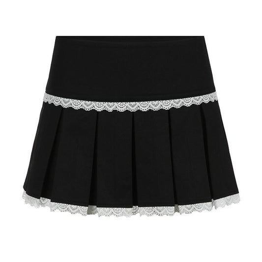 acelimosf™-Lace hem pleated zip-up mini skirt