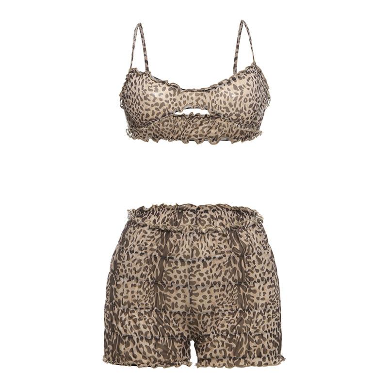 acelimosf™-Leopard print ruffle ruched crop pant set