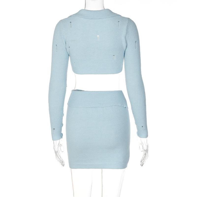 acelimosf™-Button knitted solid long sleeve turnover collar mini skirt set