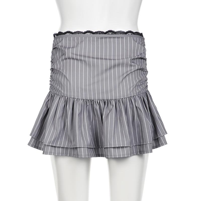 acelimosf™-Drawstring ruched lace hem striped mini skirt