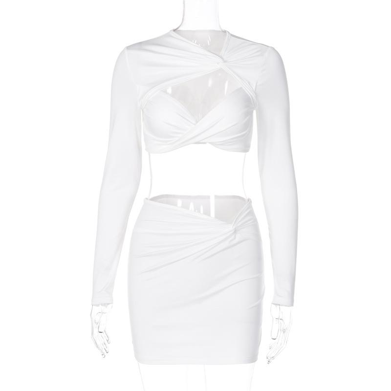 acelimosf™-Knotted hollow out solid ruched long sleeve mini skirt set