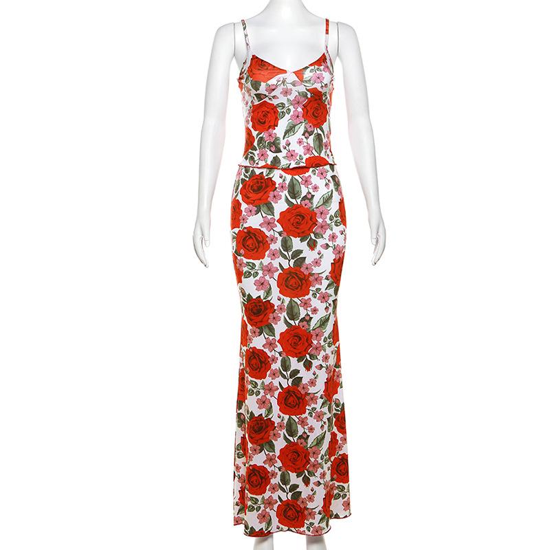 acelimosf™-V neck flower print cami maxi skirt set