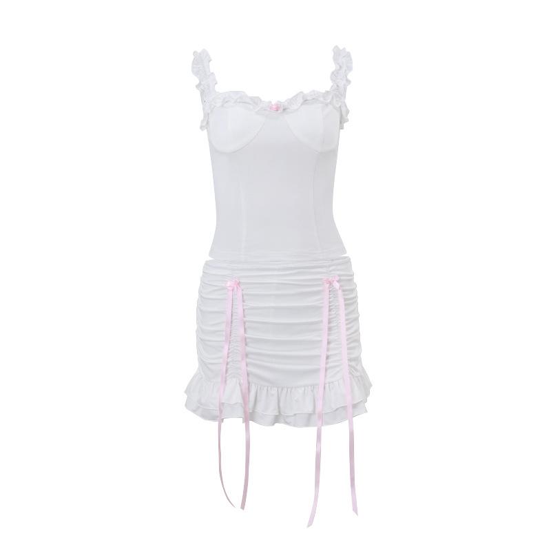 acelimosf™-Ruffle ruched bowknot ribbon stitch cami skirt set