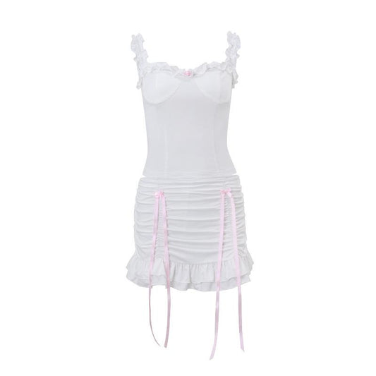 acelimosf™-Ruffle ruched bowknot ribbon stitch cami skirt set