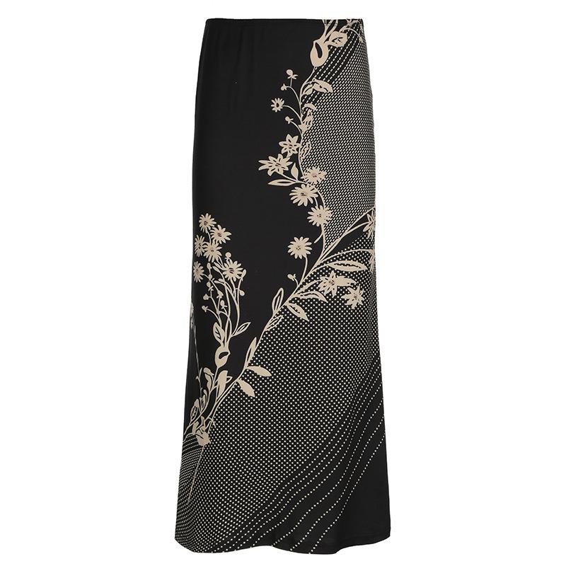 acelimosf™-Polka dot flower print contrast maxi skirt