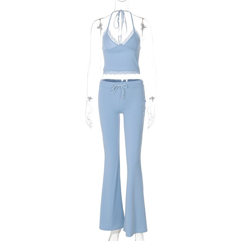 acelimosf™-Halter v neck drawstring ruched lace hem pant set