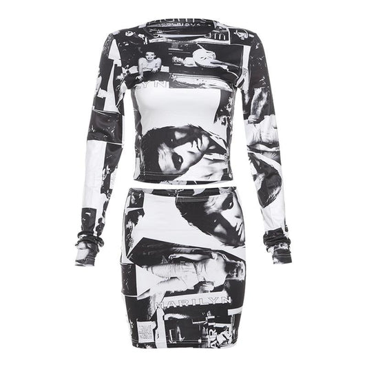 acelimosf™-Long sleeve print crewneck mini skirt set