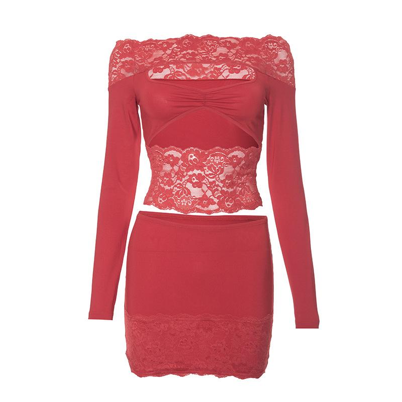 acelimosf™-Long sleeve off shoulder lace patchwork hollow out mini skirt set