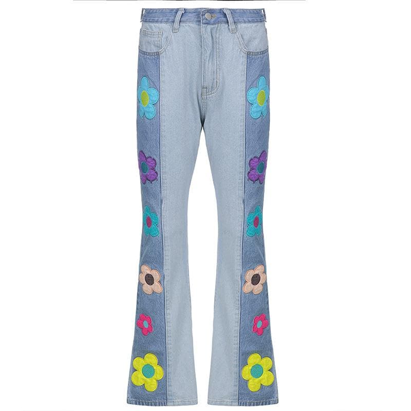 acelimosf™-Flower embroidery patchwork contrast medium rise flared jeans y2k 90s Revival Techno Fashion