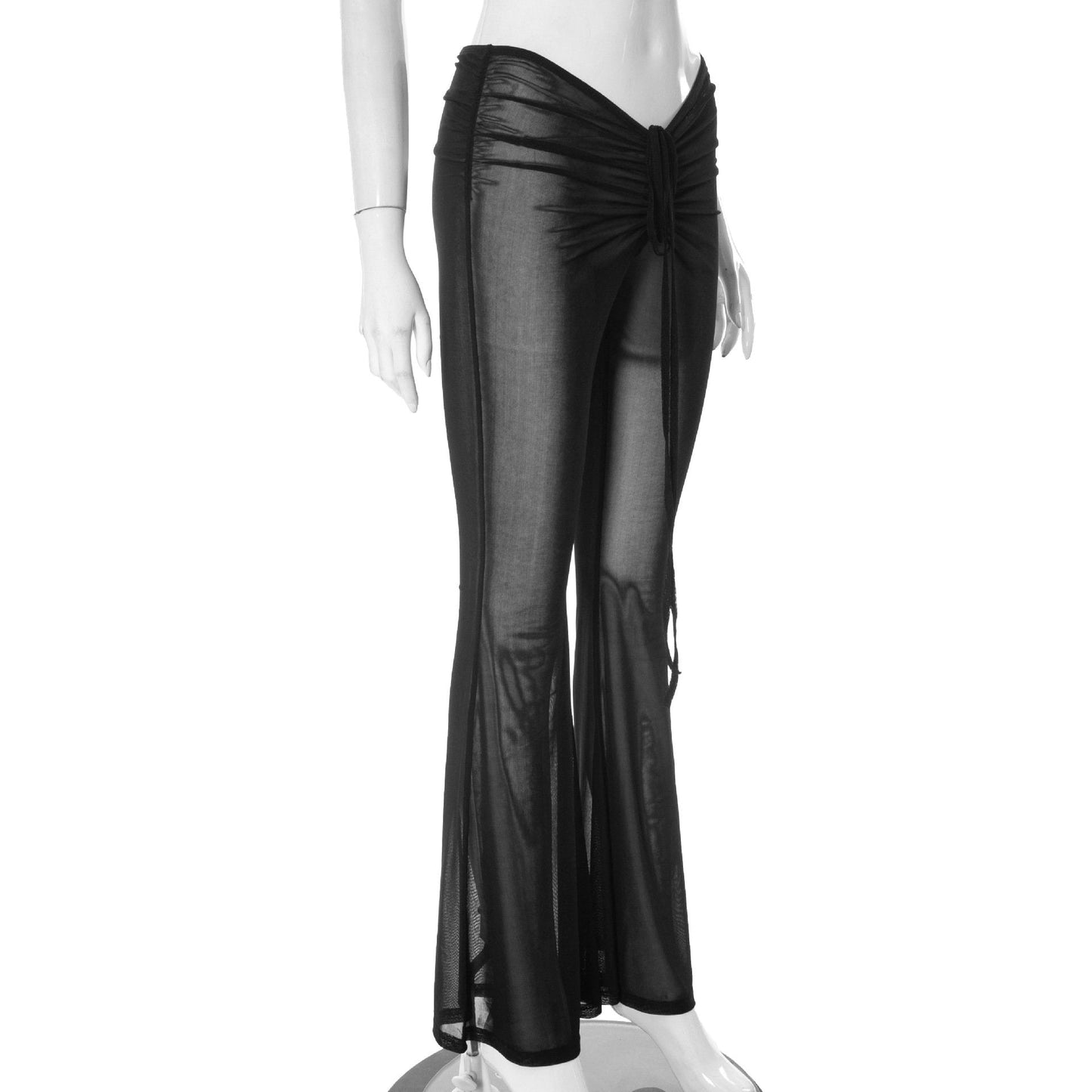 acelimosf™-Ruched self tie low rise sheer mesh see through flared pant