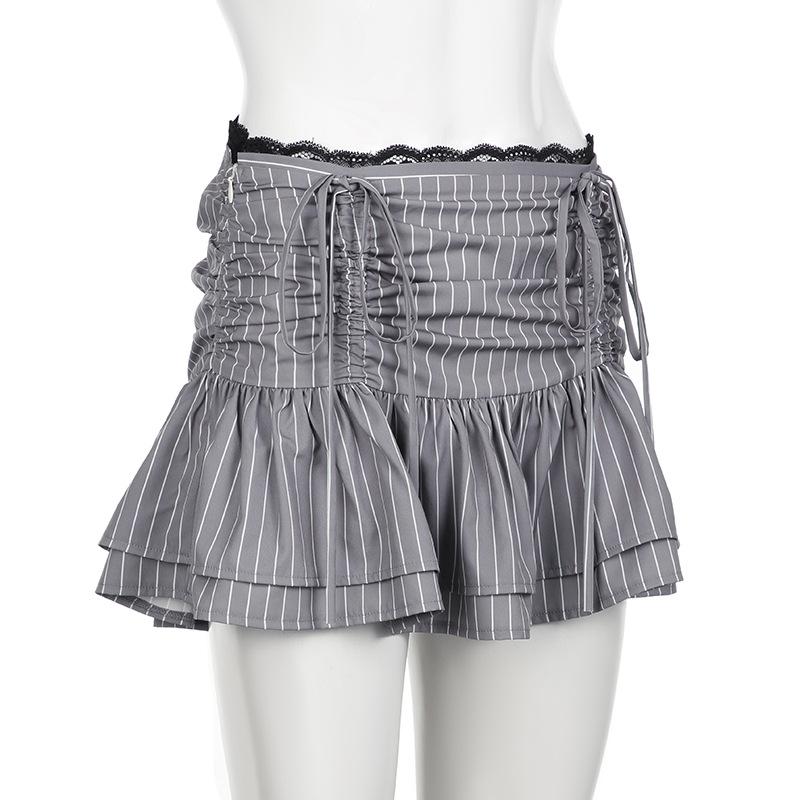 acelimosf™-Drawstring ruched lace hem striped mini skirt