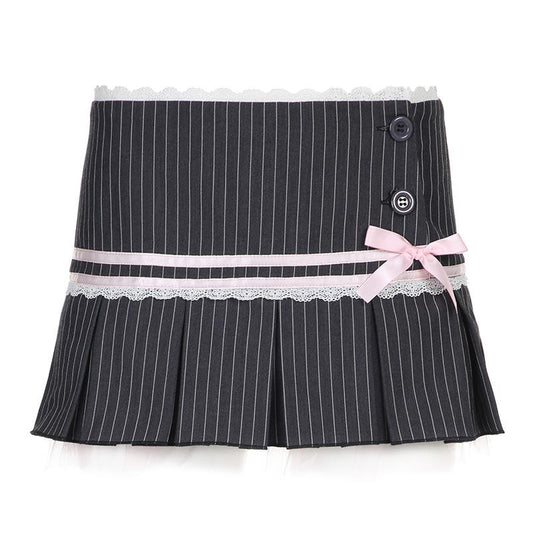 acelimosf™-Bowknot lace hem pleated button striped print mini skirt