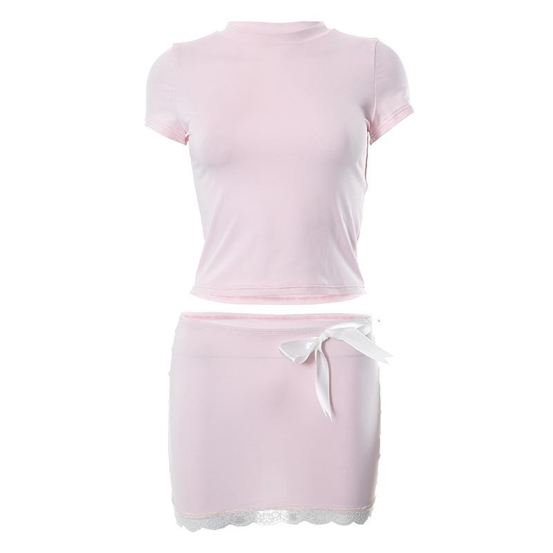 acelimosf™-Lace hem bowknot short sleeve high neck mini skirt set y2k 90s Revival Techno Fashion