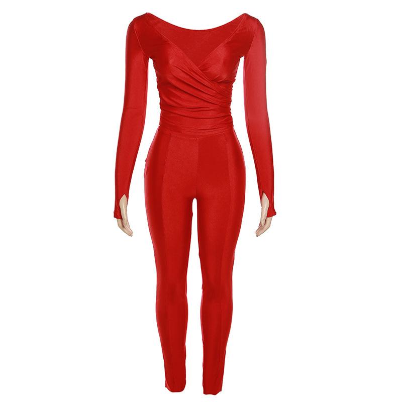 acelimosf™-Gloves solid v neck long sleeve ruched pant set