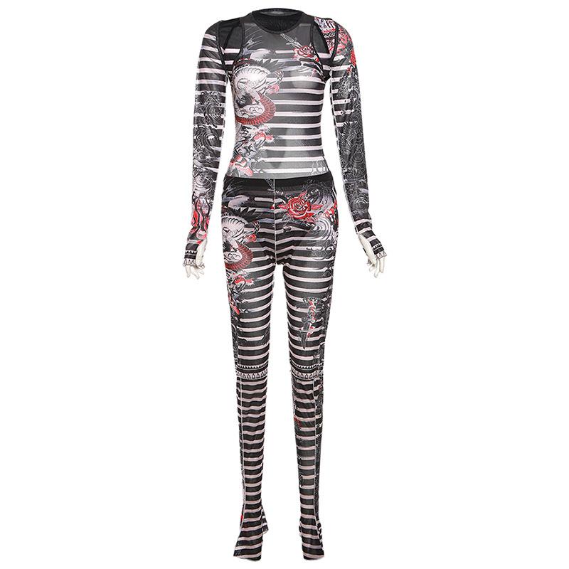 acelimosf™-Striped long sleeve gloves contrast sheer mesh see through shrug bodysuit pant set