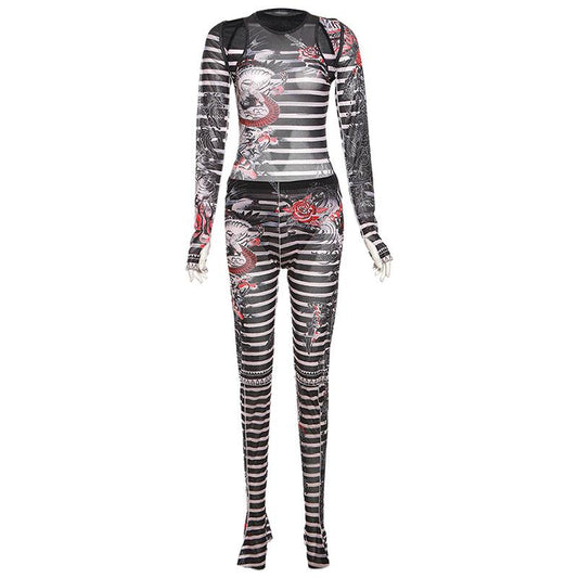 acelimosf™-Striped long sleeve gloves contrast sheer mesh see through shrug bodysuit pant set