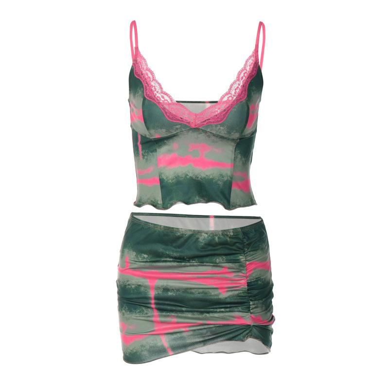 acelimosf™-Tie dye v neck lace hem ruched cami mini skirt set