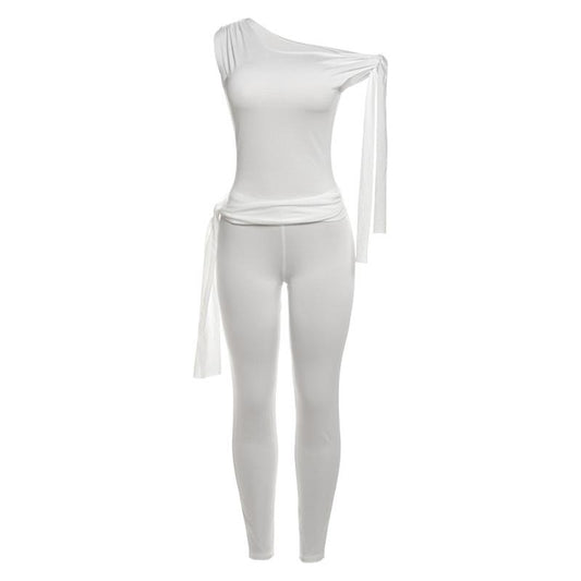 acelimosf™-One shoulder self tie irregular solid high rise pant set