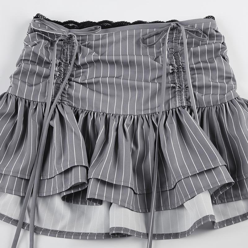 acelimosf™-Drawstring ruched lace hem striped mini skirt