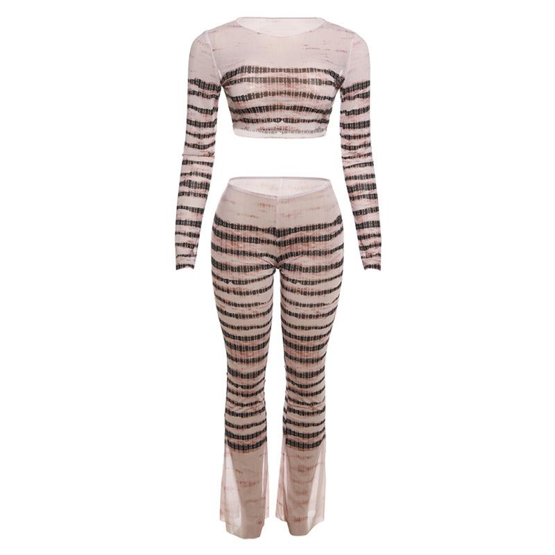 acelimosf™-Sheer mesh striped see through long sleeve contrast pant set