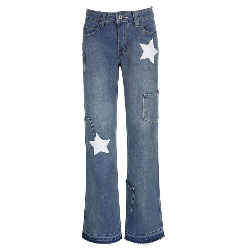 acelimosf™-Contrast star pattern raw hem pocket straight leg jeans grunge 90s Streetwear Disheveled Chic Fashion grunge 90s Streetwear Distressed Fashion