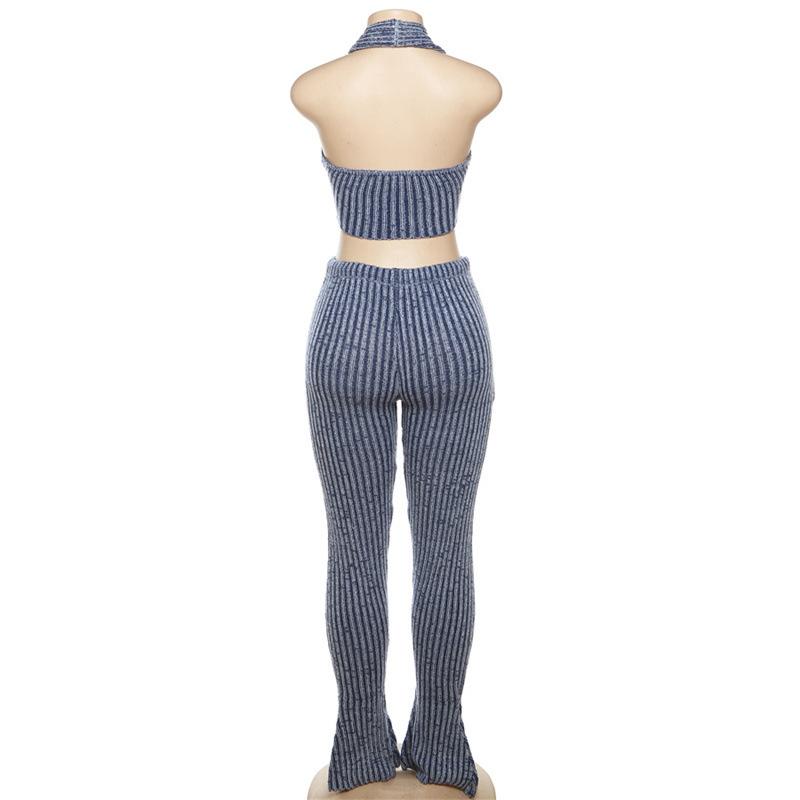 acelimosf™-Textured striped contrast halter slit pocket v neck pant set